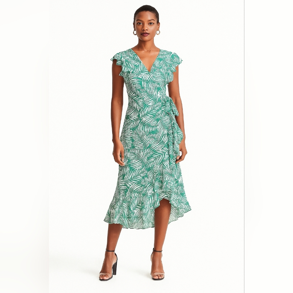 NWT CUPSHE Green Palm Leaf Print Ruffle High Low Wrap Style Maxi Dress Size L